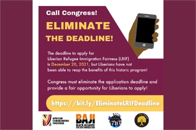 [ai] Infographic urging Congress to eliminate the deadline for the Liberian Refugee Immigration Fairness (LRIF) program, featuring a smartphone with a call icon, and details about the application deadline and its importance for Liberians.